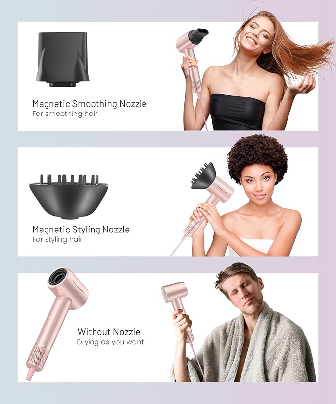 Cosy Companions Hair Dryer - 150000 RPM High-Speed Brushless Motor Negative Ionic Blow Dryer for Fast Drying, Low Noise Thermo-Control Hair Dryer with Diffuser and Nozzle, Gleaming Pink