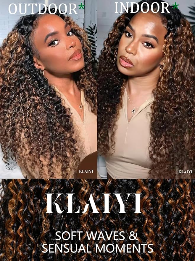 KLAIYI Ombre Brown Water Wave Bye Bye Knots Glueless Wig Human Hair Pre Cut 7x5 Lace Front Wigs Drawstring Pre Plucked Bleached Highlight Balayage Curly Ready to Wear and Go Wig with Dark Roots 24Inch