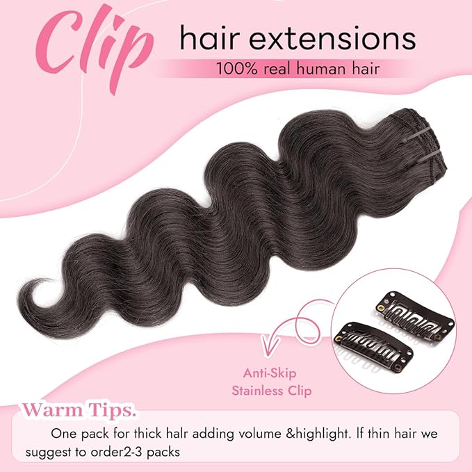 Clip in Hair Extensions Real Human Hair Body Wave 2 Dark Brown Clip in 100% Brazilian Remy Human Hair Extensions 8pcs Per Set with 18 Clips Double Weft 18 Inch 100g/3.6oz