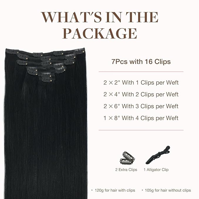 GOO GOO Clip in Hair Extensions Real Human Hair, Remy Human Hair Extensions Clip ins for Women, Natural Human Hair, 20inch 160g 7Pcs, #1 Jet Black