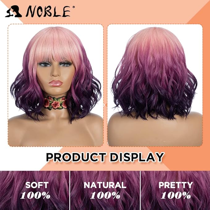 NOBLE Colourful Short Bob Wigs with Bangs for Women 3 Tone Ombre Pink root to Purple Color Short Wavy Bob Hair Wig Shoulder Length Synthetic Heat Resistant Bob Wigs