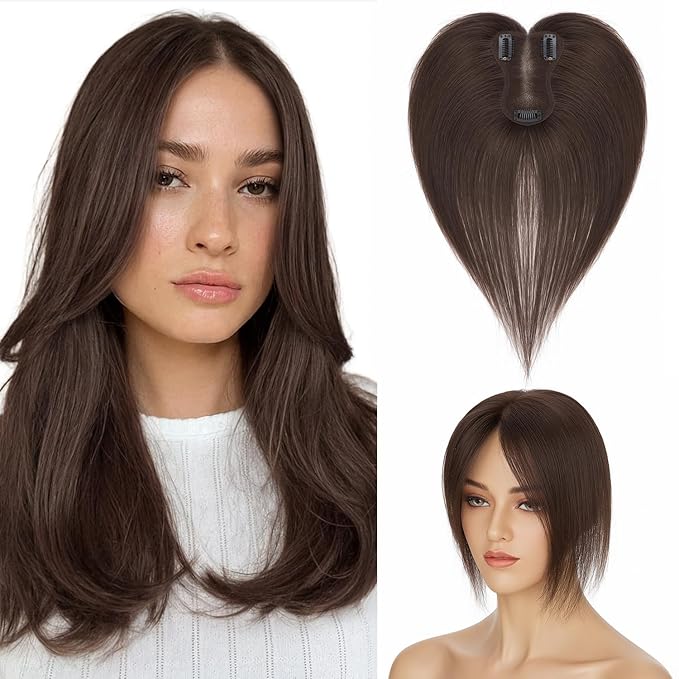 Human Hair Topper with Bangs for Women, 360° Cover Clip in Curtain Bangs Hair Toppers Hair Piece Dark Brown-3.15x4.33 Hand-tied Base (Dark Brown)