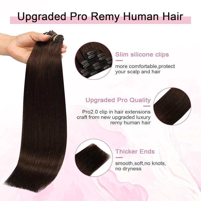 Pro2.0 Remy Clip in Extensions Real Human Hair Color #4 Chocolate Brown Remy Clip in Hair Extensions Real Human Hair 18inch 120g Thick 7pcs Seamless Double Weft for Women（#4-18inch）