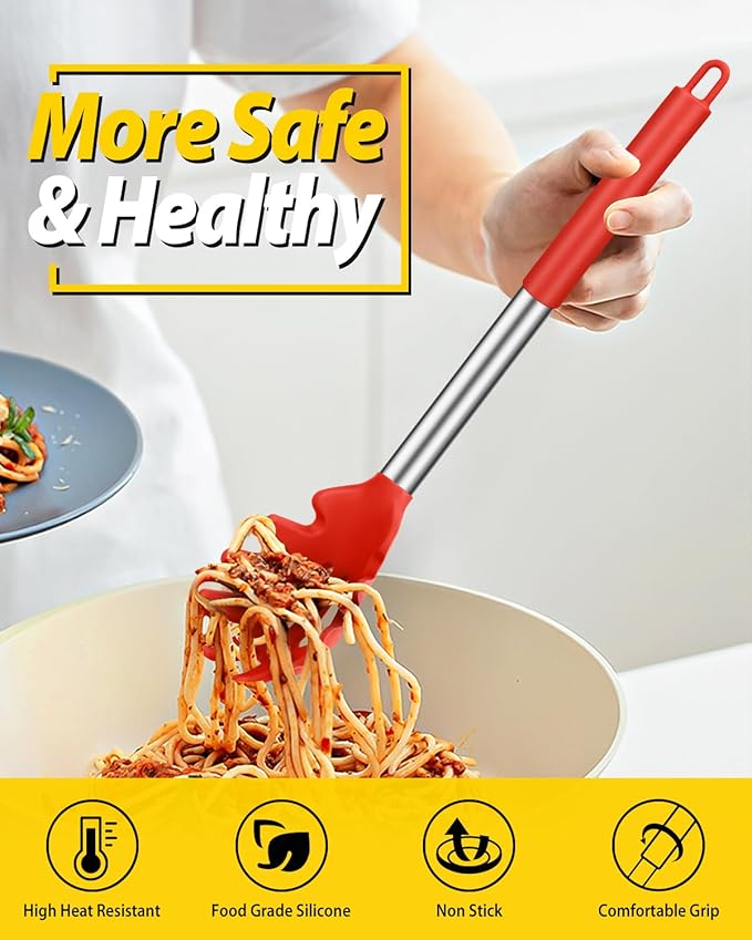 Silicone Pasta Fork and Ladle Spoon Set, Large Non Stick Kitchen Utensils for Cooking,Stirring,Serving Spaghetti, Soup, Sauce (RED)
