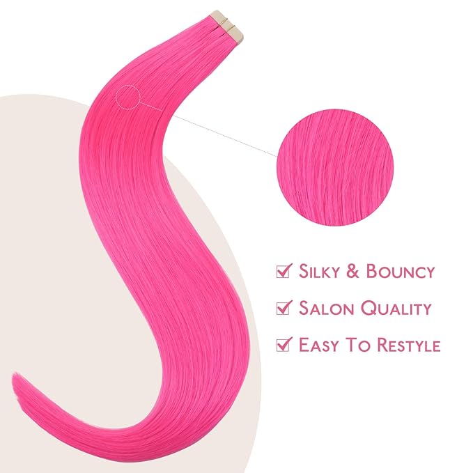 WENNALIFE Tape in Hair Extensions Human Hair Hot Pink Tape in Extensions, 10pcs 30g 24 inch Remy Invisible Tape Ins Straight Colored Soft Real Human Hair Tape in Extensions Refill Set Extensions