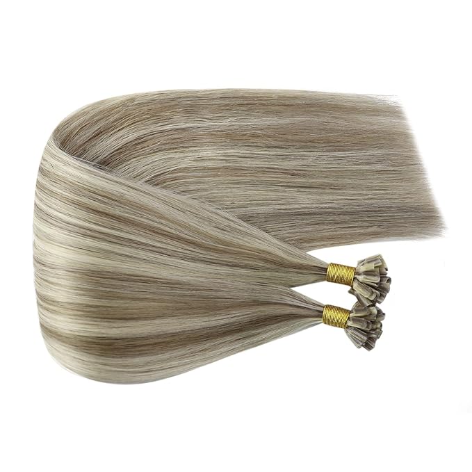 Fshine U Tip Remy Human Hair Extensions Highlighted Light Brown Mixed Platinum Blonde Pre Bonded Hair Extensions Real Human Hair 16 Inch Hot Fusion Nail Tip Hair Extensions For Women 50 Grams 1g/s