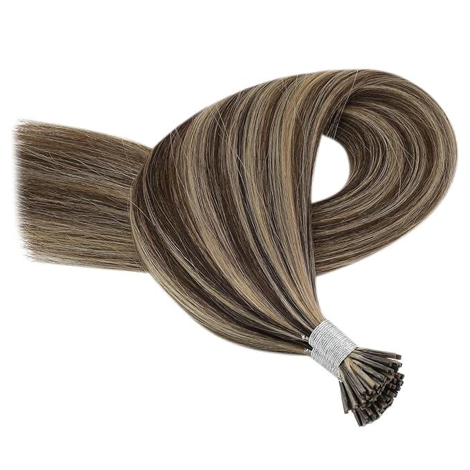 YoungSee Itip Human Hair Extensions Brown I Tip Hair Extensions Human Hair Highlight Dark Brown with Caramel Blonde Tip Hair Extension Human Hair Short 14In 80s 50g