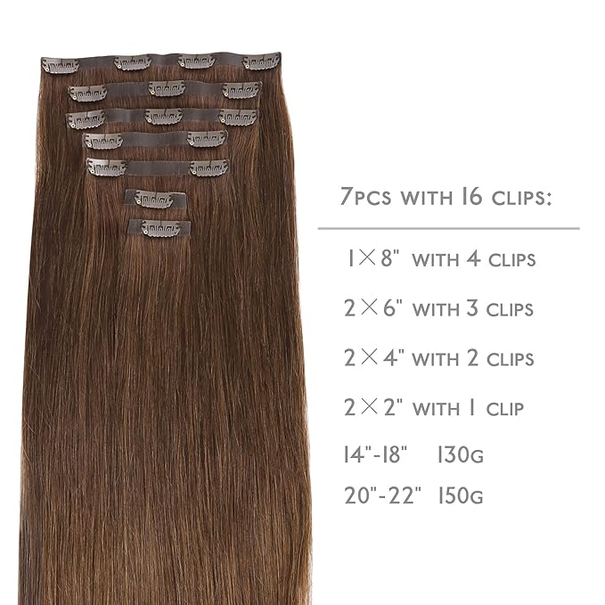 WENNALIFE Seamless Clip In Hair Extensions, 16 Inch 130g 7pcs Chocolate Brown Hair Extensions Clip in Human Hair Invisible PU Skin Weft Natural Remy Human Hair Extensions