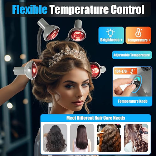 5 Head Infrared Heat Lamp,750W Red Lamp Salon Hair Steamer Perming Dyeing Adjustable Height Machine for Perming Dyeing Shaping Baking Oiling Hair Care