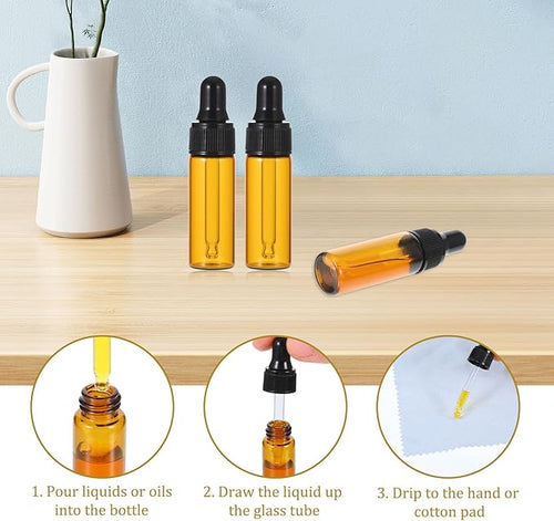 5ml Glass Dropper Bottles, 100 Pcs Amber Bottles with Black Caps, Leakproof Essential Oil Containers for DIY Perfume, Travel Liquids, Aromatherapy, Lab Sample & Hair Oil Storage