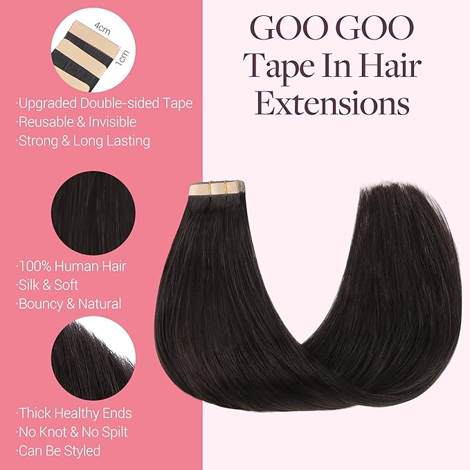 GOO GOO Tape in Hair Extensions Human Hair, 2 Dark Brown, 26inch 60g 20pcs, Skin Weft Seamless Invisible, Silky Straight with Thick Ends, Remy Human Hair