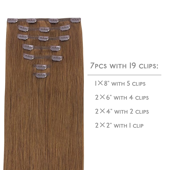 WENNALIFE Clip in Hair Extensions Real Human Hair, 22 Inch 120g 7pcs Human Hair Extensions Clip In Human Hair, Light Auburn Brown Hair Extensions Clip In Real Hair Coloured Remy Human Hair Extensions