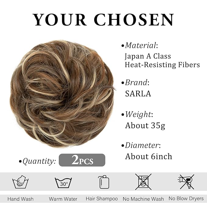 SARLA 2PCS Messy Hair Bun Hair Pieces Wavy Curly Synthetic Updo Fake Scrunchies Ponytail Extension for Women Nut Multi