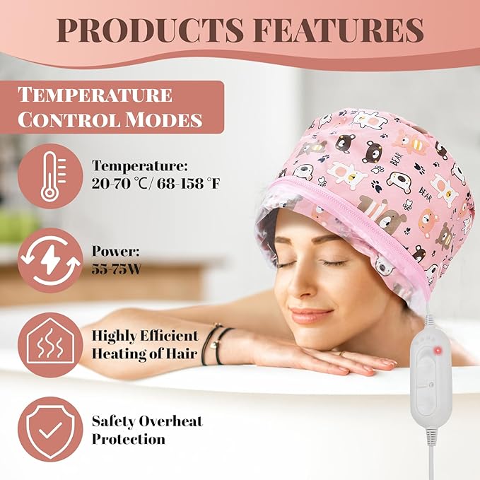 Electric Hair Steamer Cap for Deep Conditioning 3 Mode Temperature Control Heat Cap Thermal Electric Heating Cap for Home Hair Care Treatment Soft Bear Design