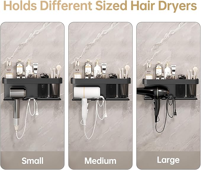 Hair Dryer Holder, Blow Dryer Organizer, Hair Dryer Holder Wall Mounted with Shelf for Bathroom, Salon, Bedroom Organizers & Storage(Matte Black)