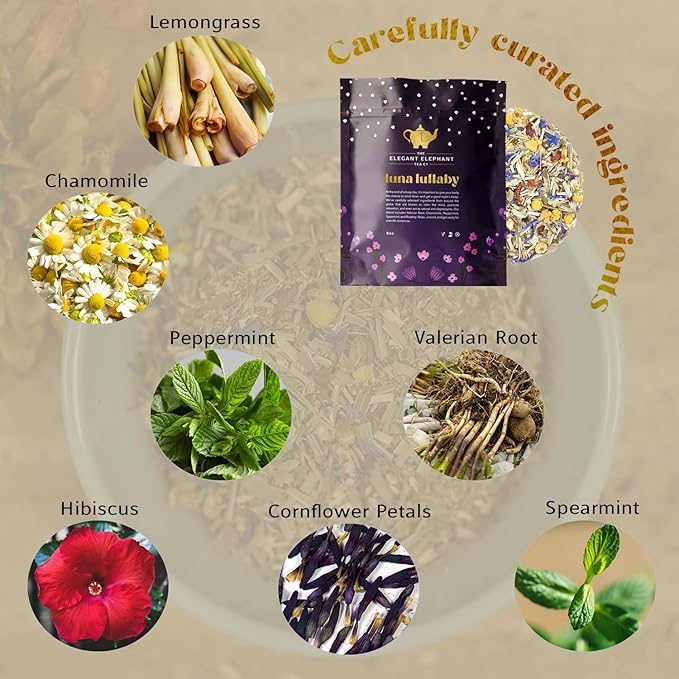 Luna Lullaby Sleep Tea, Organic Loose Leaf Herbal Tea – Calming, Relaxing Bedtime Tea – Chamomile, Valerian Root, Peppermint – 4 oz Resealable Bag (Makes 50 Cups) – The Elegant Elephant