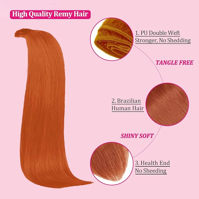 Copper Kinky Straight Clip in Hair Extensions Real Human Hair 110g 8pcs 18clips Human Hair Clip ins Double Weft Brazilian Clip Ins Human Hair for Women (#350 18inch)