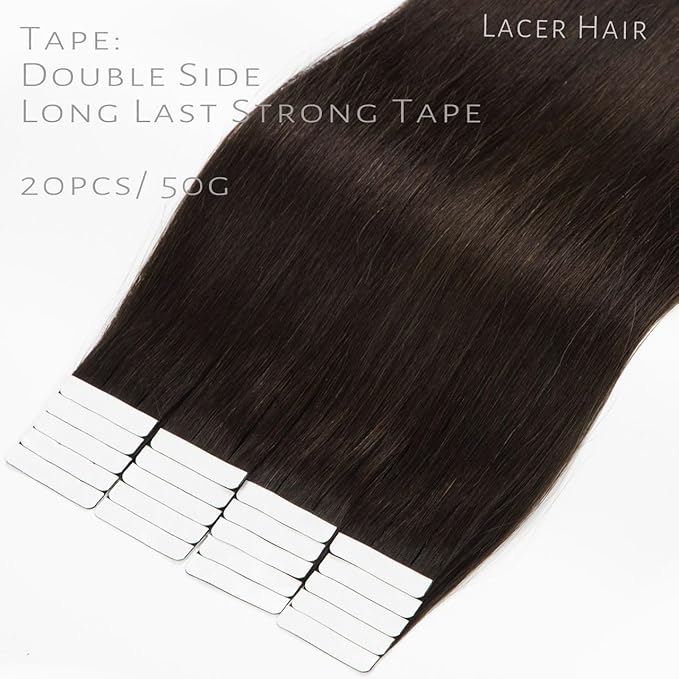Lacer Tape in Hair Extensions Human Hair Darkest Brown Tape in Extensions Real Human Hair Skin Weft Invisible Double Side Glue in Extensions Human Hair Silky 12 Inch 30g 20pcs