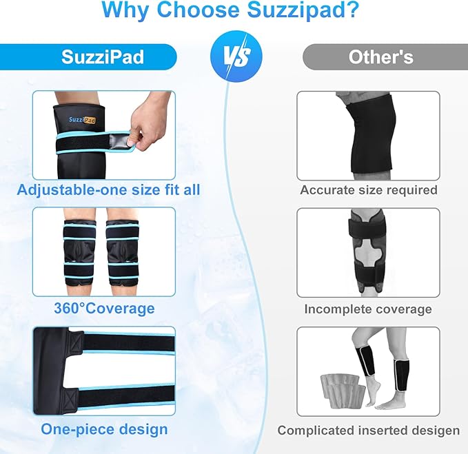 SuzziPad 360° Cold Pack for Calf, Shin, Arm & Elbow – Ice Wrap with Dual-Cover Design, Adjustable Velcro Straps, Leakproof & Reusable Cold Compress for Post-Workout Recovery (2 Packs), Black