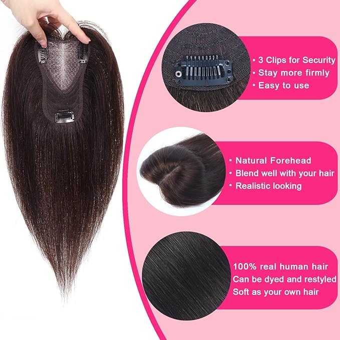 Hair Toppers for Women Real Human Hair Topper Upgrade Swiss Lace Middle Part Clip in Bangs Remy Human Hair Straight Hairpieces for Thinning Realistic Scalp 360° Cover Gray Hairy Roots Medium Brown
