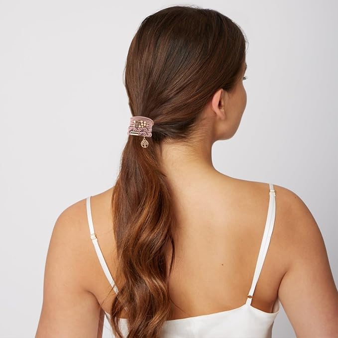 10 PCS Boho Hair Ties - No-Damage, Stretch Bracelets for Thick & Thin Hair, 5 Styles, Pink
