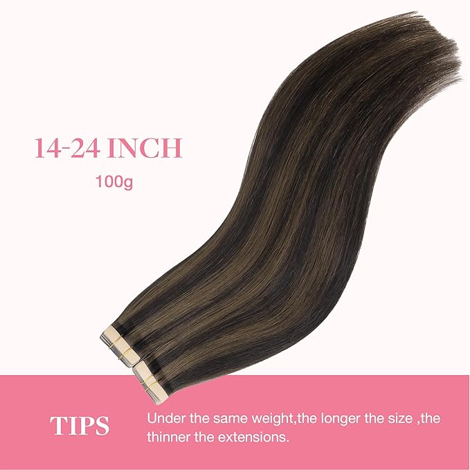 GOO GOO Tape in Hair Extensions Human Hair, 2/6 Dark Brown Highlighted Chestnut Brown, 20inch 100g 40pcs, Skin Weft Seamless Invisible, Silky Straight with Thick Ends, Remy Human Hair