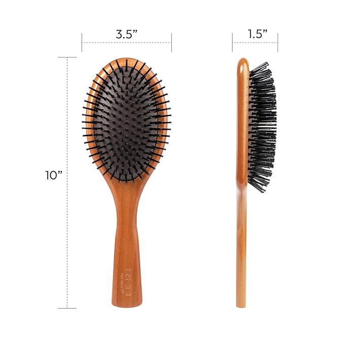 RED Premium Evergreen 100% Wooden Paddle Brush - Detangling Hair Brush With Long Bristles for Thick, Curly, Thin, Wet or Dry Hair (Oval Paddle)