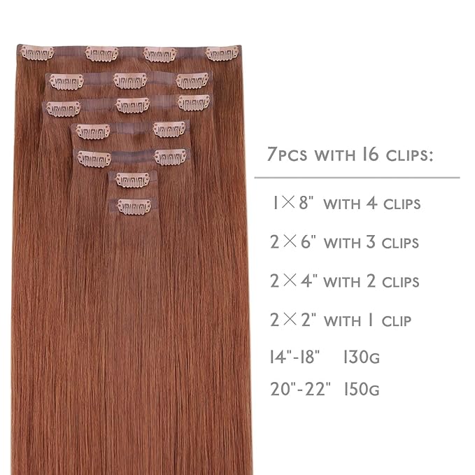 WENNALIFE Seamless Clip In Hair Extensions Human Hair, 12 Inch 80g 7pcs Dark Auburn Copper Real Hair Extensions Clip in Human Hair Invisible PU Skin Weft Natural Remy Hair