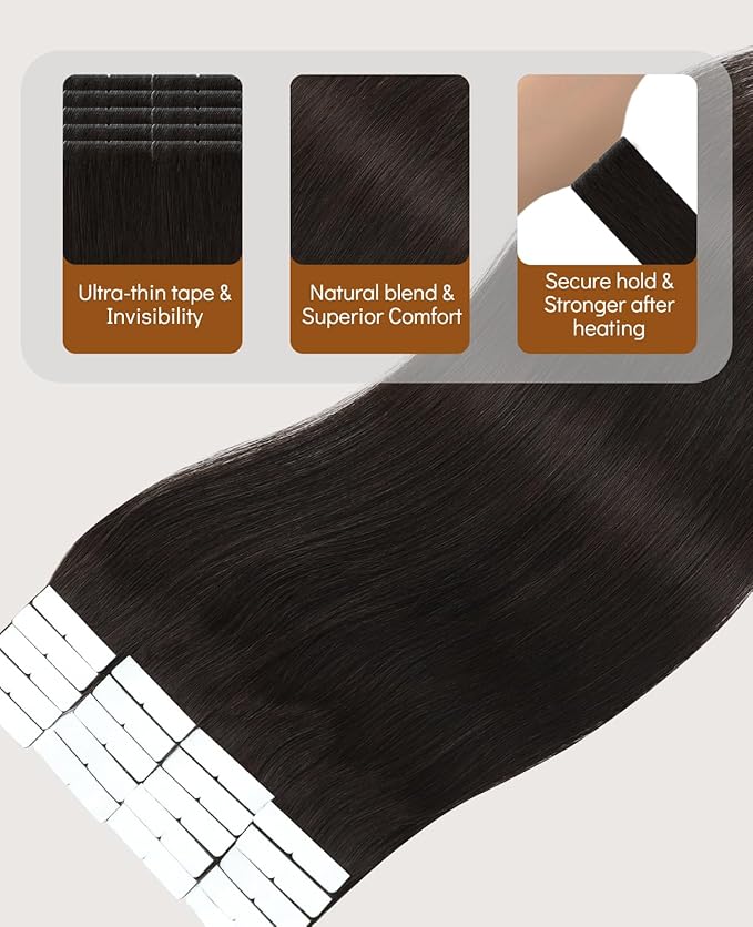 VINBAO Invisible Tape in Hair Extensions Human Hair, Darkest Brown 16in 45g 20pcs, Seamless Invisible Injected Tape Ins Remy Human Hair Thick Ends 16inch #2