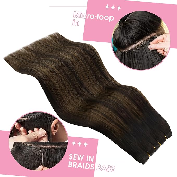 YoungSee Weft Hair Extensions Balayage Sew in Hair Extensions Dark Brown Mix Medium Brown Sew in Hair Extension Real Human Hair Short Straight Hair One Bundle 14In 70G