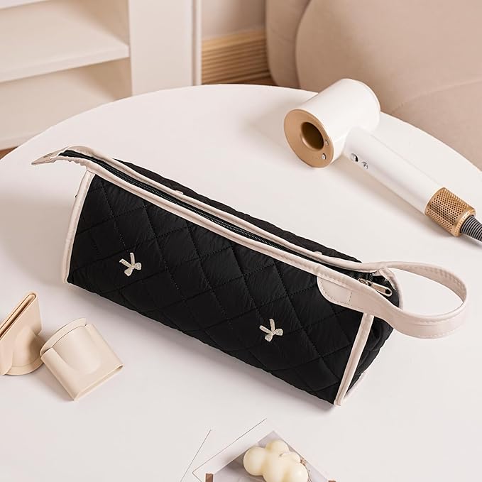 Large Quilted Hair Tools Travel Bag, Waterproof Aesthetic Hair Styling Accessories Storage Case for Flat Irons,Straightener,Curling Iron,Hair Dryer,Dyson Airwrap Travle Bag（02Black Bow）