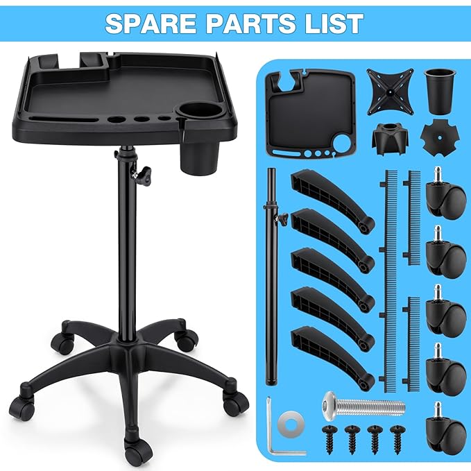 Hair Extension Tray Cart on Wheels w/Storage Holder, Height Adjust & Removable Hairstylist Rolling Tray Barber Tray Cart with Wheels, Salon Hair Extension Trolley Cart Hairdresser Stylist Color Tray