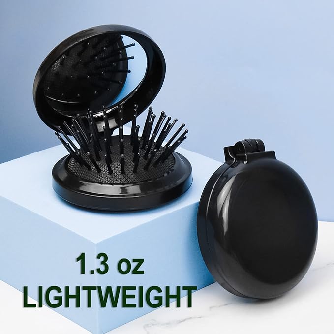 10 Pack Folding Travel Mini Hair Brush with Mirror, Round Hair Brushes Folding Pocket Hair Brush Mini Hair Comb for Women and Girls (Black)