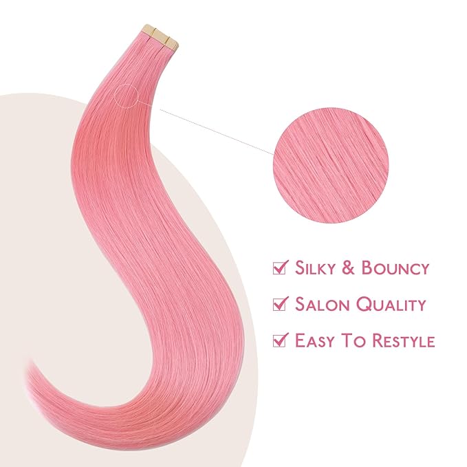 WENNALIFE Tape in Hair Extensions Human Hair Peach Pink Tape in Extensions, 10pcs 20g 12 inch Remy Invisible Tape Ins Straight Colored Soft Real Human Hair Tape in Extensions Refill Set Extensions