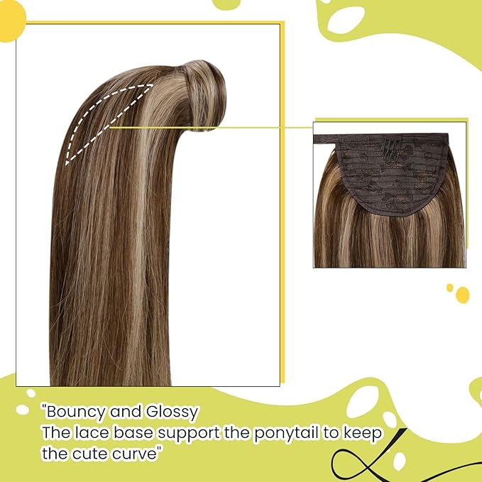 RUNATURE Ponytail Extension Human Hair, Long Real Hair Ponytail Extension with Magic Paste, Natural Remy Hair for Daily Wearing, 20 Inch 80g #3P12 Dark Brown Highlight Honey Blonde