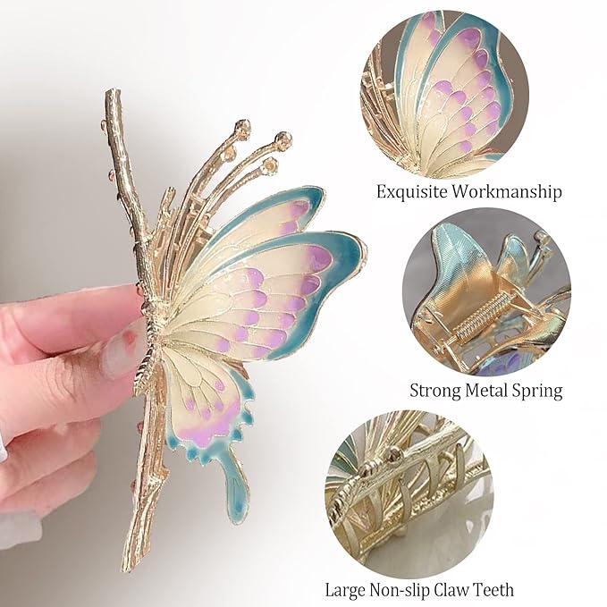 4Pcs Hair Clips for Women Large Non-Slip Strong Metal Hair Claw: Butterfly, Flower, Mermaid Sparkly Jaw Claws for Thick Hair