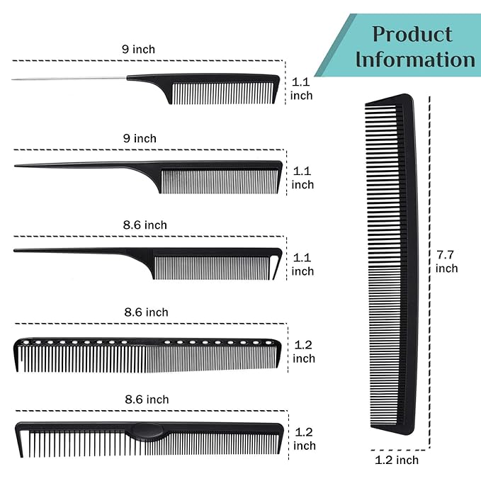 6 Pieces Carbon Fiber Hair Combs Set, General Styling Grooming Combs, Anti Static Heat Resistant Hairdressing Comb, Fine and Wide Tooth Hair Barber Rat Tail Comb