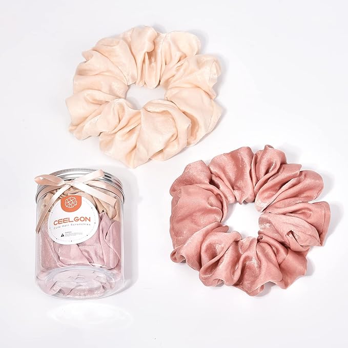 XL Big Silk Scrunchies Hair Ties for Women - CEELGON Oversized Pink Satin Silk Scrunchie Exra Large Jumbo Gaint Soft Champagne Chiffon Cute Scrunchy for Curl Thick Hair 4 Pack (Pink Champagne)