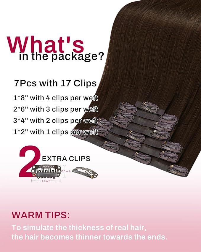 Moresoo Invisible Seamless Clip in Hair Extensions Real Human Hair Medium Brown Clip in Extensions for Long Hair Extensions Medium Brown for Women Pu Skin 120g/7pcs 22 inch