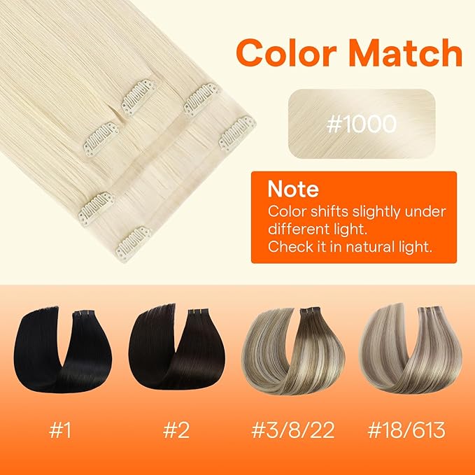 Full Shine Light Blonde Clip in Hair Extensions, Color 1000 Blonde Seamless Clip Ins with PU Weft, Remy Human Hair Extensions for Women, Silky Straight Fill Ins, 4Pcs 16 Inch Thick Ends 65g