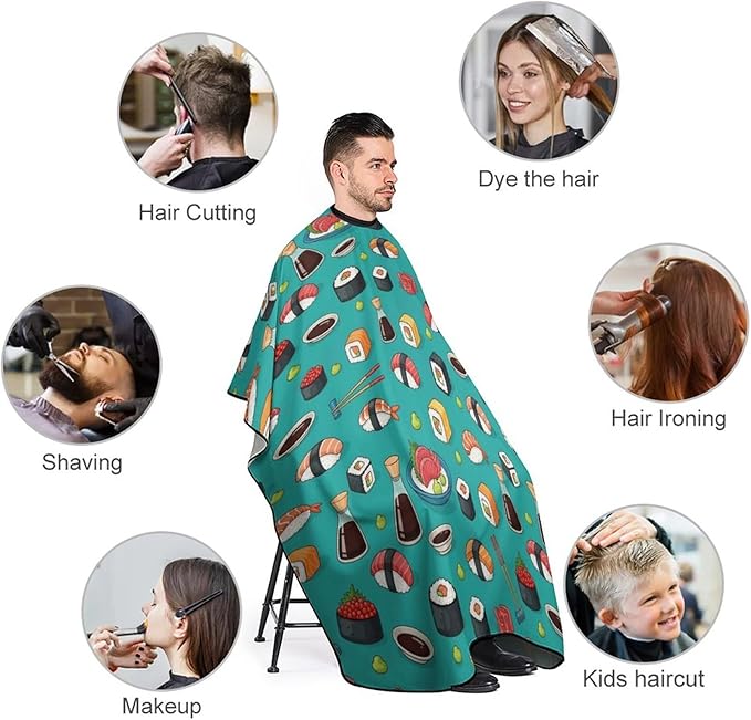 Women Seafood Sushi Prawn Wasabi Japanese Barber Hairdressing Cape, Full Coverage Hairdressing Haircut Apron for Barbers, Haircut Tools