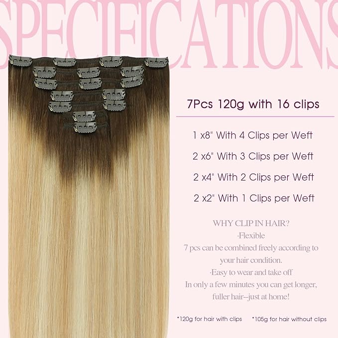PINKPEARL Clip in Hair Extensions Real Human Hair, Remy Human Hair Extensions Clip ins, 14inch 120g 7Pcs, #4/27/60 Balayage Chocolate Brown to Caramel Blonde and Platinum Blonde(#4/27/60-14)