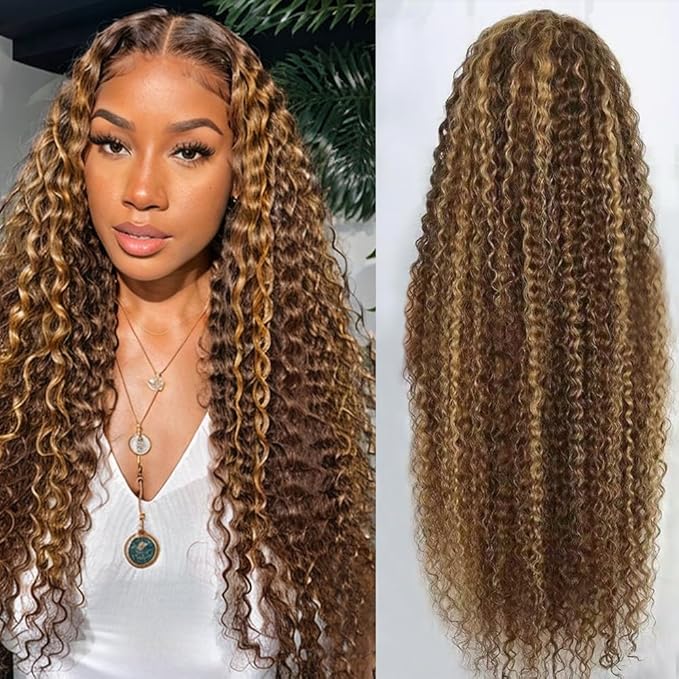 30inch Highlight Ombre Lace Front Wig Human Hair 13x6 HD Honey Blonde 4/27 Deep Wave Lace Frontal Wigs Glueless Wigs Human Hair (Highlight Ombre Lace Front Wig, 4/27 blonde wig-32 inch, deep wave)
