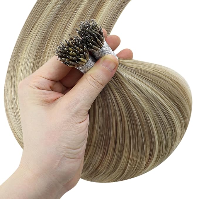 YoungSee Nano Ring Hair Extensions Brown Highlight Nano Bead Hair Extensions Human Hair Light Brown highlight Platinum Blonde Lightweight Remy Human Hair for Wedding Cold Fusion 20inch 50s 50g