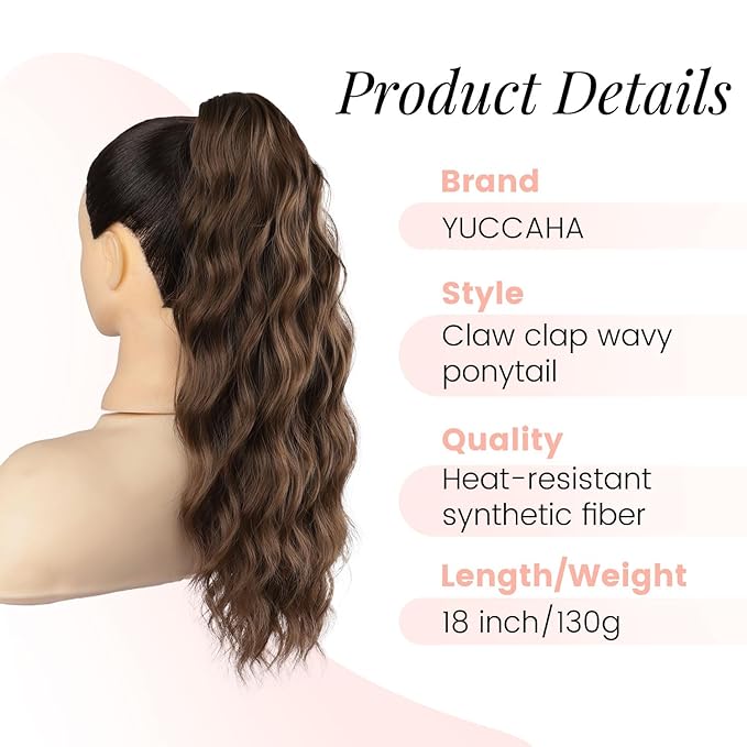 18" Ponytail Extension, Claw Clip Ponytail Extensions for Women Wavy Pony Tails Hair Extensions Fluffy Natural Looking Synthetic Hairpiece for Daily Use (Light Auburn Brown)