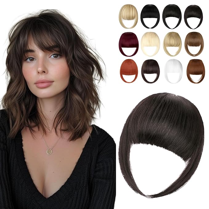 Clip in Bangs, Synthetic French Bangs Hair Clip, Fake Bangs Fringe with Temples Hairpieces for Women Natural Curved Hair Extensions for Daily Wear Black Brown