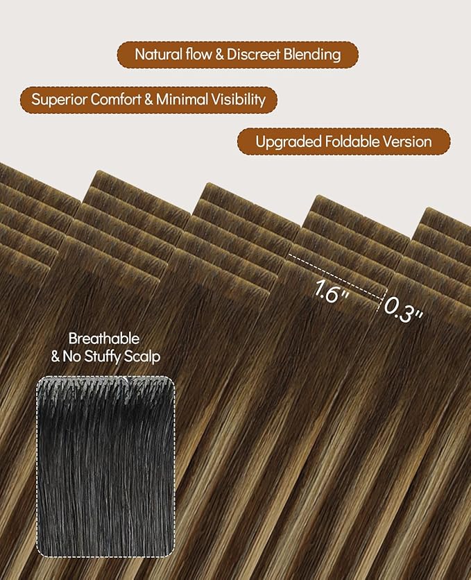 VINBAO 60g Invisi Edge Tape in Hair Extensions Human Hair, Balayage Chocolate Brown to Caramel Blonde 20pcs Injection Tape in Hair Extensions Natural Blend 22inch #4/27/4