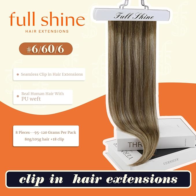 Full Shine Brown Seamless Hair Extensions Clip ins Balayage Chestnut Brown to Platinum Blonde Human Hair Clip in Extensions for Woman Washability 14 Inch 8 PCS 120 G