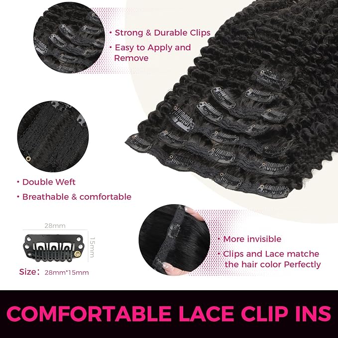 Lashey Clip in Hair Extensions Real Human Hair 7pcs 120g Kinky Curly Clip in Hair Extensions 16 Inch Remy Human Hair Natural Black