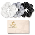 LULUSILK Silk Scrunchies for Hair Sleep, 100% Real Mulberry Silk, No Damage Hair Ties for Women and Girls, Black White and Silvergrey, Pack of 3